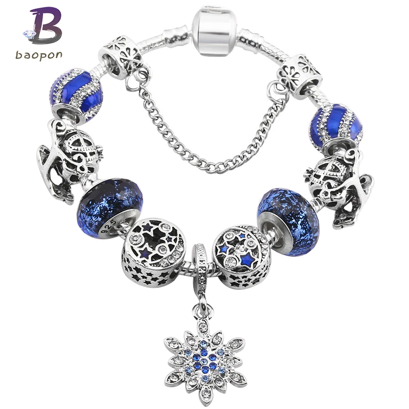 BAOPON винтажная Посеребренная блестящая& Стеклянная синяя Луна& украшения в виде звездочек браслет для Женская цепочка в виде змеи брендовый браслет Pulsera BR622
