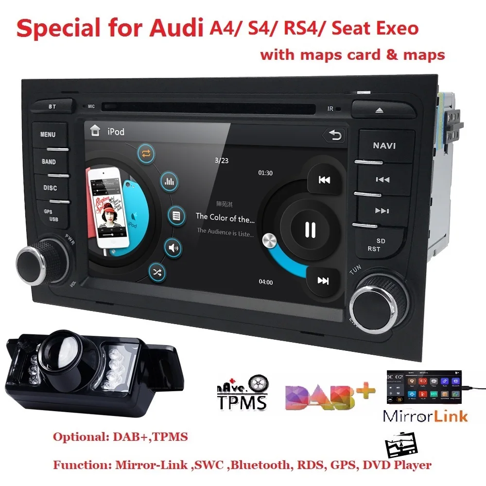 Top 2 Din Car DVD Multimedia Player for AUDI A4 S4 RS4 2002-2008 GPS Navigation Radio Audio Bluetooth Map Canbus SWC RDS TPMS SD CAM 0