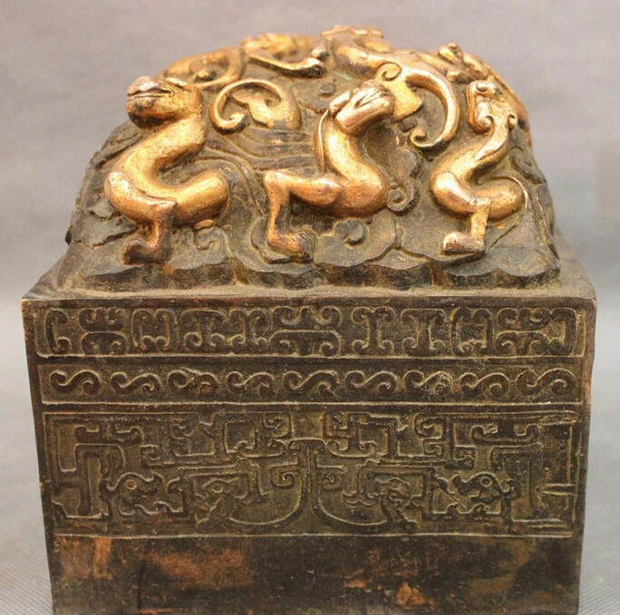 

shitou 002250 Dynasty Chinese Bronze Gilt Dragon Kylin Unicorn Beast Statue Seal Stamp Signet