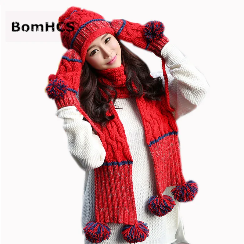 bomhcs-3pcs-hat-scarf-gloves-suit-warm-winter-thick-women's-beanie-mittens-neckerchief-100-handmade-knitting