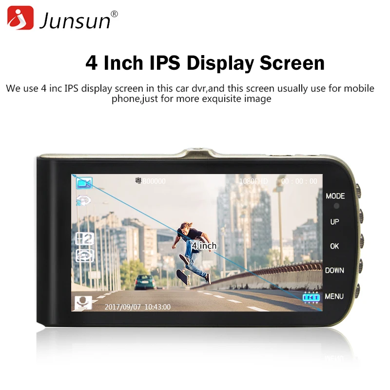 Junsun SD410 Автомобильные видеорегистраторы Камера 4 &quotДвойной объектив 1080 P видео
