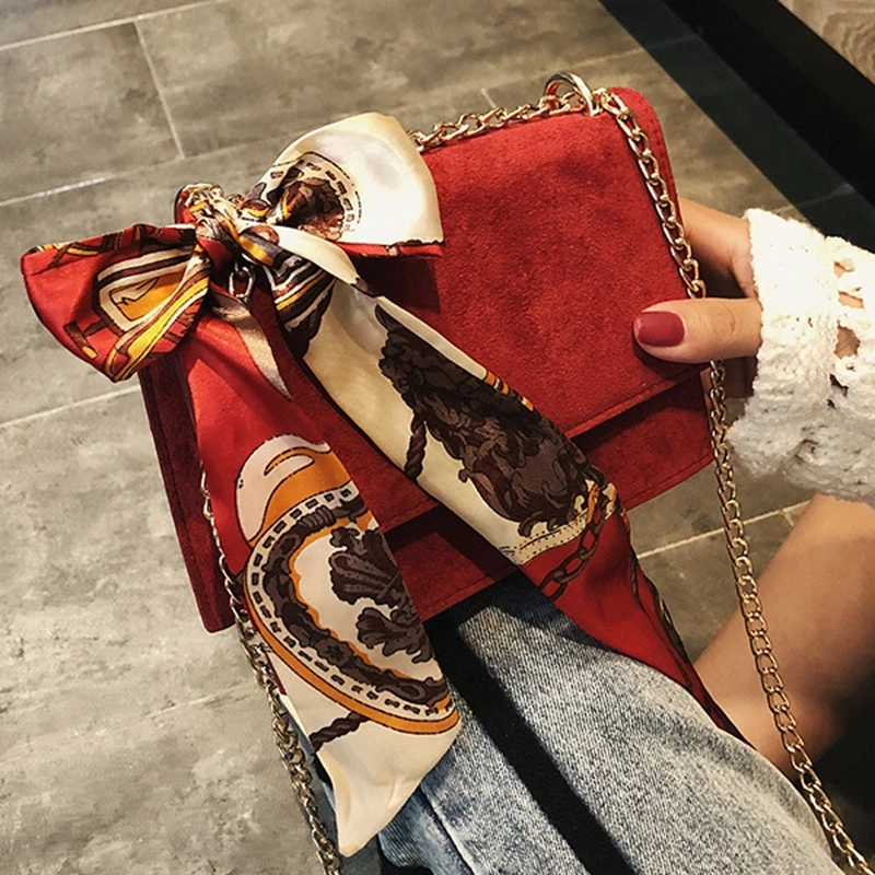 

SUNNY SHOP Women Chain Bag Leather Small Handbag Luxury Vintage Velvet Shoulder Bag With Scarf Square Messenger Bags Crossbody