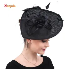 Черные льняные шляпы для женщин ручной работы с цветами и перьями, свадебные аксессуары для волос, головные уборы для матери diadema novia boda H185