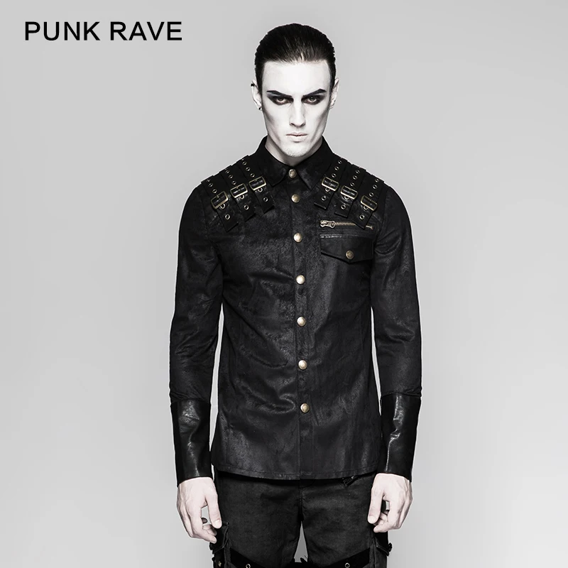 

PUNK RAVE Men Hip Hop Heavy Metal Steampunk Blouse Shoulder Leather Novelty Handsome Street Cool Long Sleeve Men Shirts