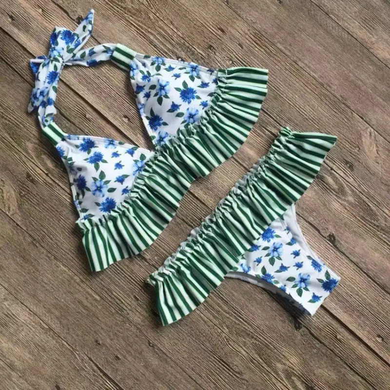 New Bikinis 2019 mujer Two Piece Swimsuit Women Swim Suit Bandage Swimwear Push Up Pleated Bikini Set Vintage Beach Wear Biquini