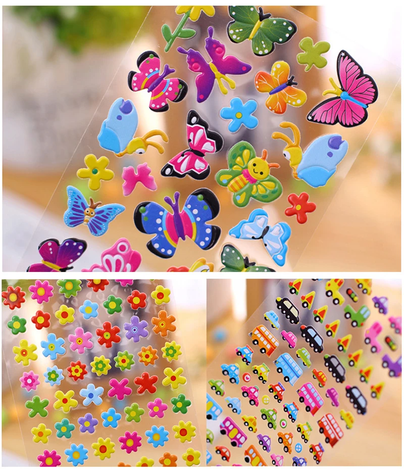 

New Cartoon Stickers Children girl love toys Bubble 3D Stickers Flower Animal Love Butterfly PVC Stickers Kids Toys 2 Sheets