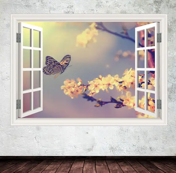 3D Window View Dreamy Butterfly Animal Wall Decal Sticker Frame Mural Effect Home Decor Bedroom Living Room Kitchen | Дом и сад