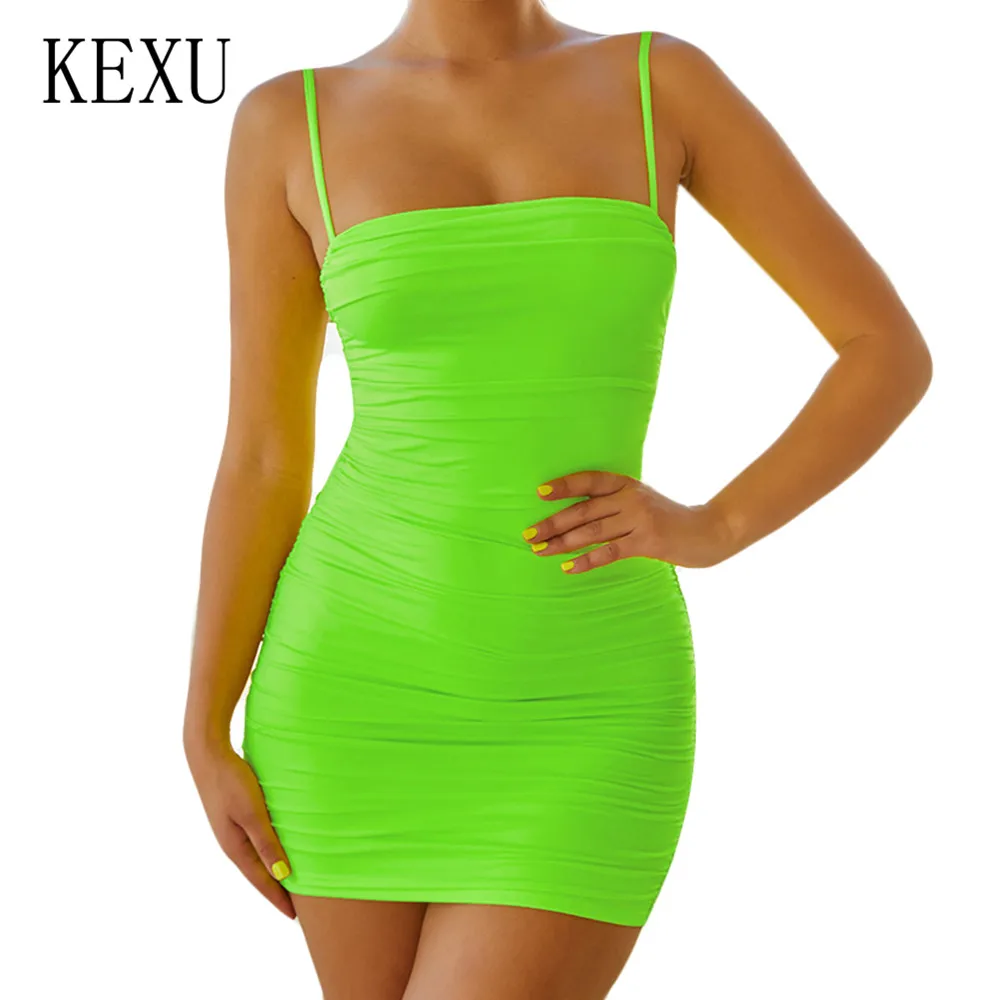

KEXU Brand Women Clothing Sexy Blackless Spaghetti Strap Pleated Mini Dress Summer Sleeveless Hollow Out Nightclub Vestidos