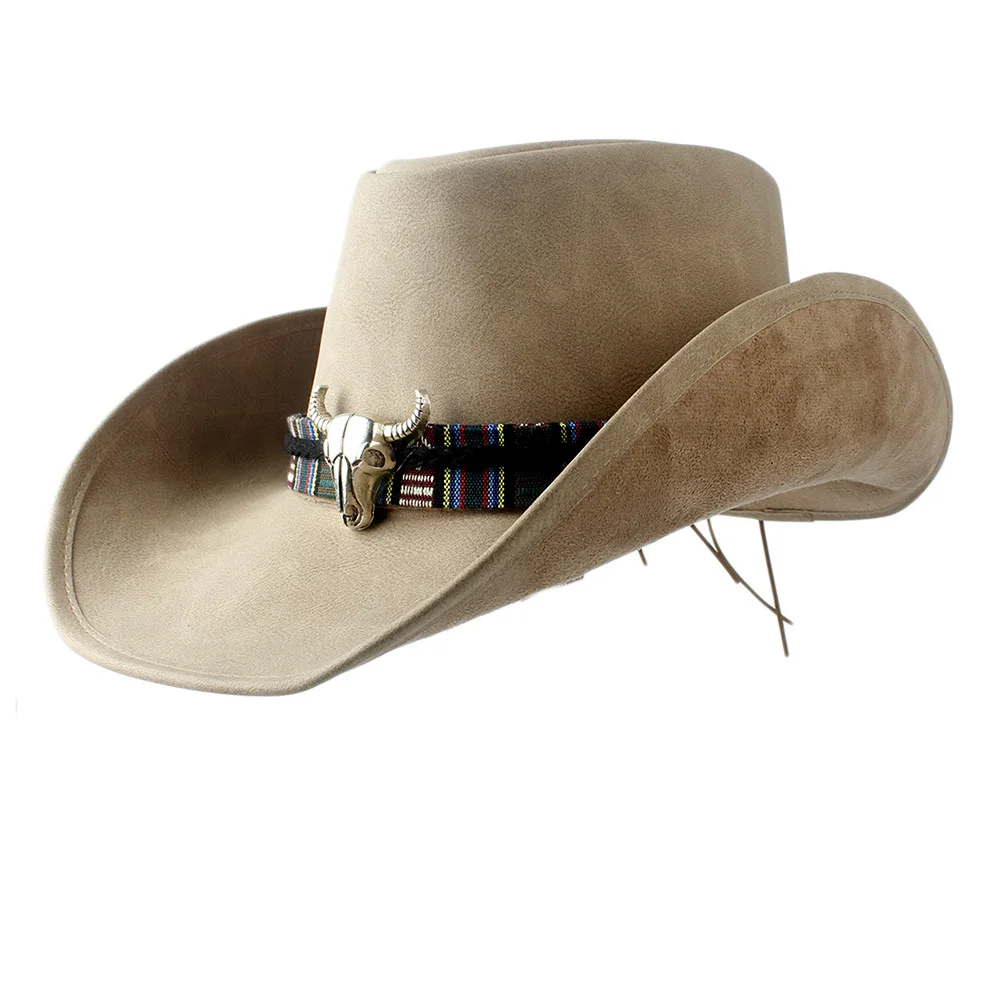 Retro Unisex Leather Hat Wide Brim Cowboy Cowgirl Western Hat Cow Head Leather Band