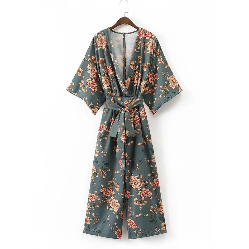JuneLove винтажный этнический цветочный принт кимоно комбинезон Женская одежда в винтажном стиле свободные широкие брюки пояса Комбинезоны повседневные Комбинезоны - Цвет: as picture