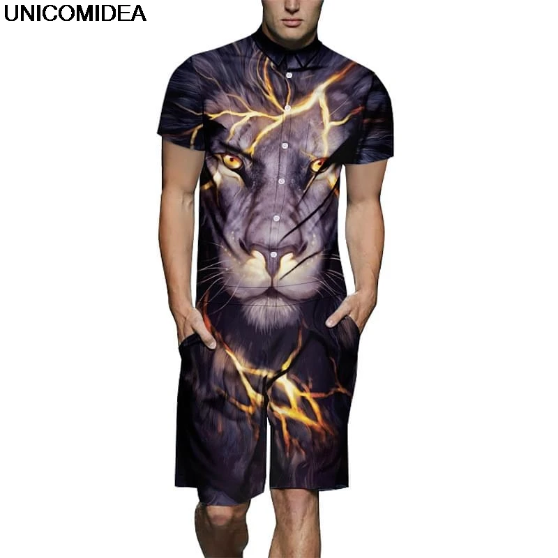 

Lightning Lion Men Rompers 3D Jumpsuits Playsuits Harajuku Harem Cargo Overalls One Piece Jumpsuit Hawaiian Shirts Men's Sets