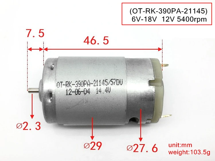 Двигатель постоянного тока 390 постоянный ток 12 В 5400 об/мин (OT-RK-390PA-21145) 6V-18V |