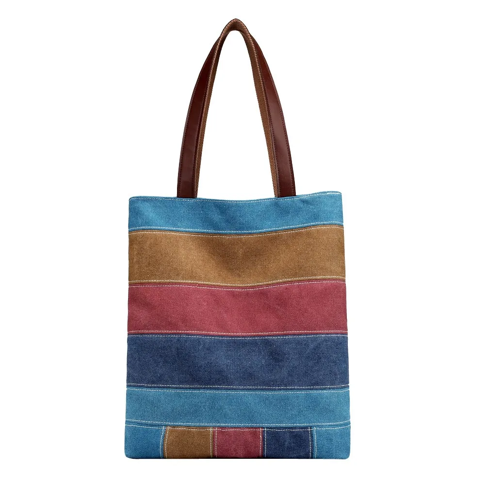 

2019 New Arrival Casual Canvas Women Handbag Retro Bag Rainbow Color Women's Handbags Contrast Color Shoulder Bag Beach Purse