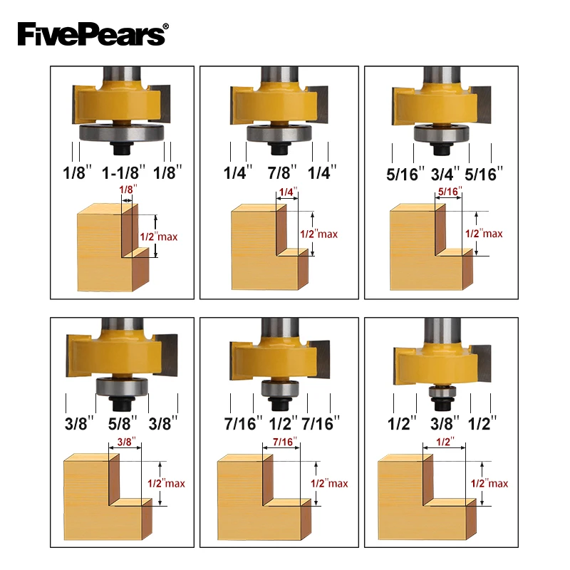 Günstige FivePears Rabbet Router Bit mit 6 Lager Set, 1 1 8 \