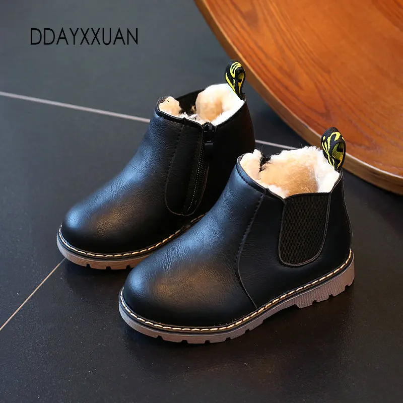 

Winter Children Boots Toddler Boys Pu Leather Shoes Fashion Girl Martin Boots Vintage Warm Plush Waterproof Kids Boot size 21-36