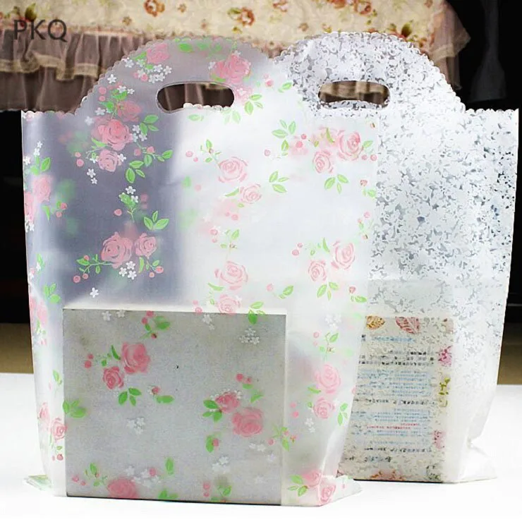 50pcs/lot Pink/White Rose Flowers Bags Plastic Gift Bags, Plastic shopping bag with handles 6 ...