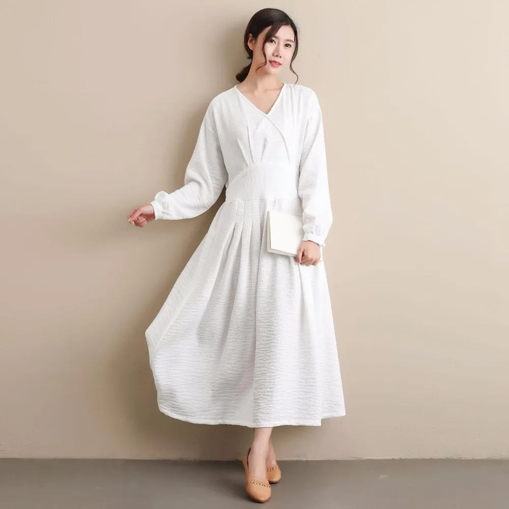 

Autumn Waist belt dress The Republic of China style Clothing female students RETRO art Solid Color Unique Polyester Linen dress