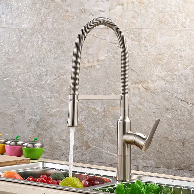 

Cold and hot spring smoked pull out type kitchen faucets Custom mixer water tank wire drawing deck mounted brushed sink faucet