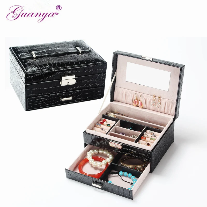 

Guanya Best Selling Fashion Leather Square Jewelry Box Simple layout 2 Layers Makeup Organizer choker Ring necklace Storage Box