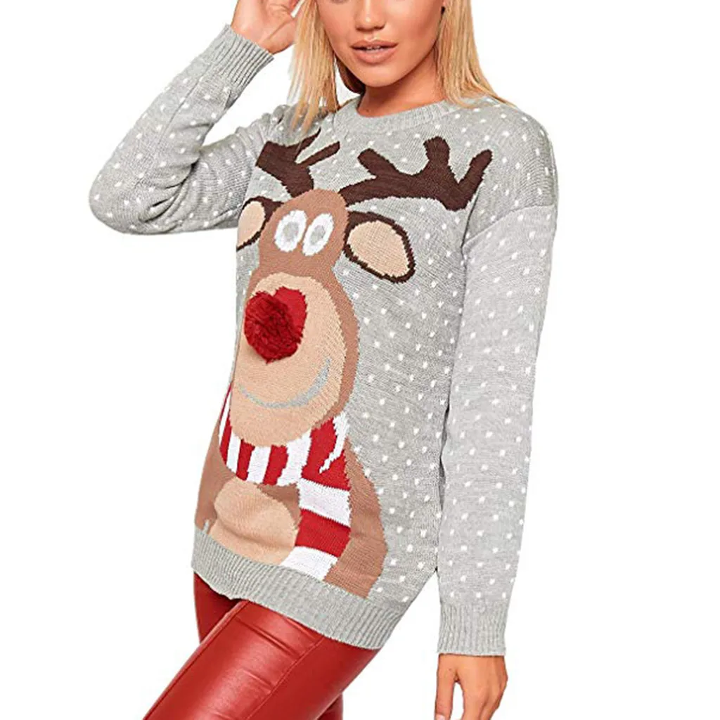 Дизайн женский Рождественский олень теплый вязаный свитер с длинным рукавом джемпер Топ Блузка винтажные Зимние Теплые Топы