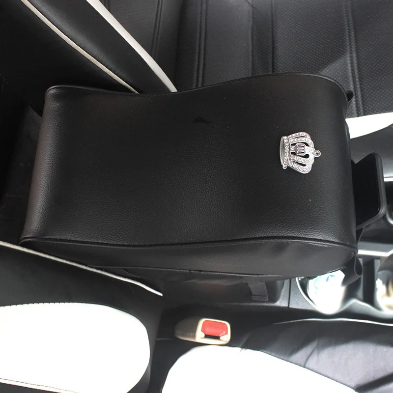 

Universal Car Armrest Box Covers PU Leather with Crown Crystal Phone Storage Pocket Memory Cotton Auto Center Console Cushion