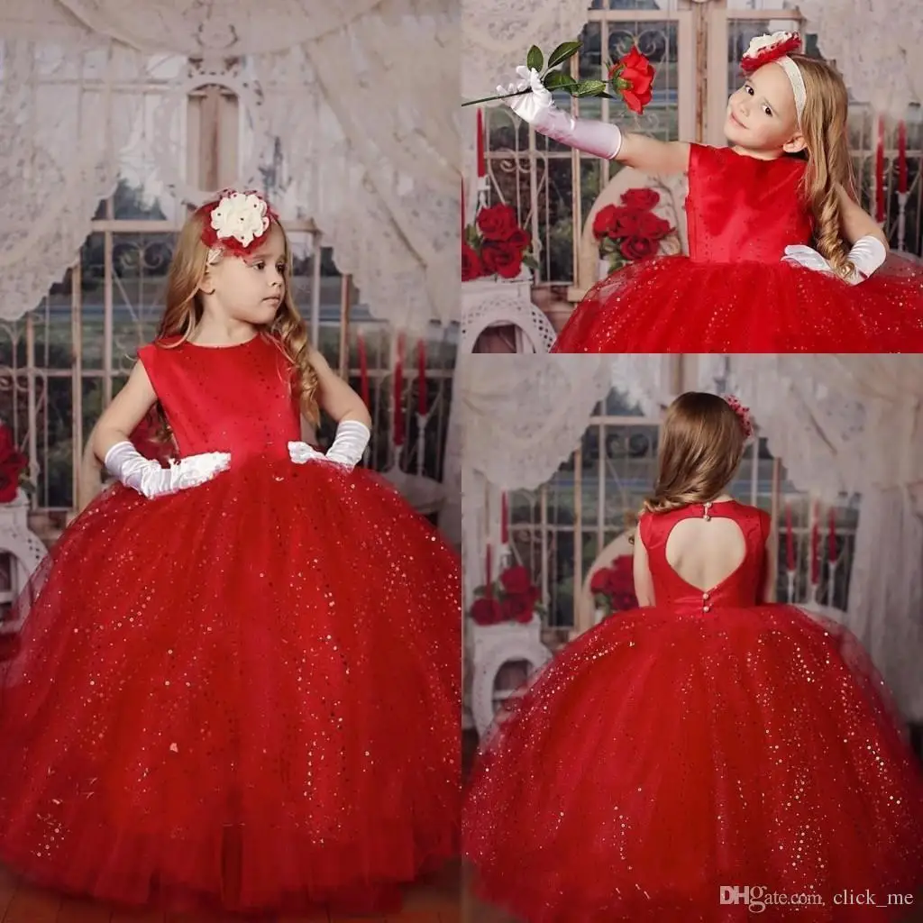 Christmas Red Flower Girl Dresses For Weddings Open Back Sequined