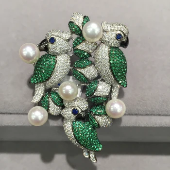 

Green 3 birds brooch pins parrot 925 sterling silver with cubic zircon Romantic fine women jewelry top quality real pearl