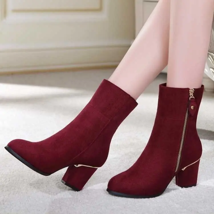 Chaussures Rouge Rond Haute Chaîne Noir Femmes Carré Grande vin Mode Talon Décontracté Taille Concis Bottines Pu Bout Zip Couture D'hiver Chelsea hCstQdrx