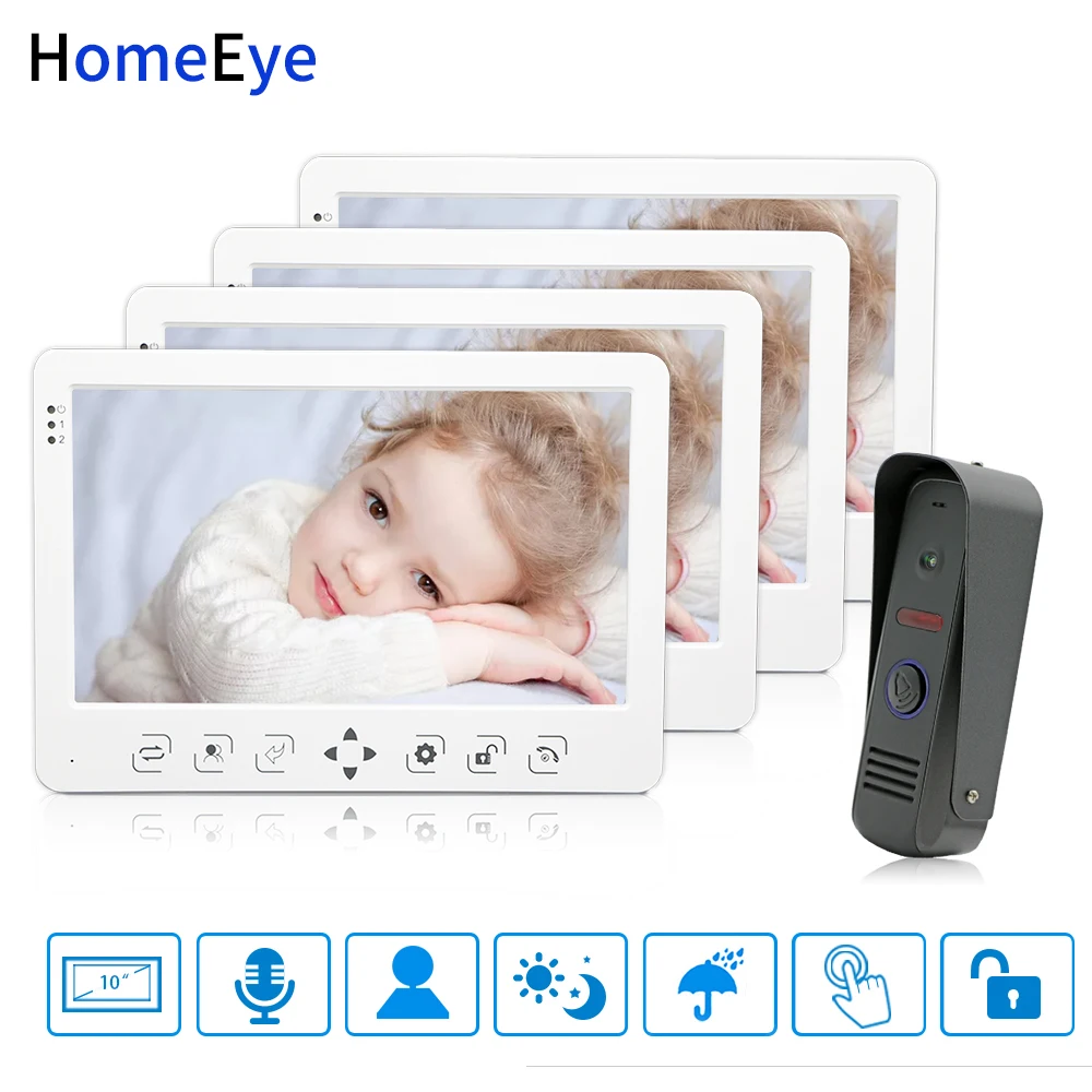 HomeEye 10 inch Video Door Phone Video Intercom Doorbell 1-4 Home Access System Voice Message Rainproof Video Record Unlock Door