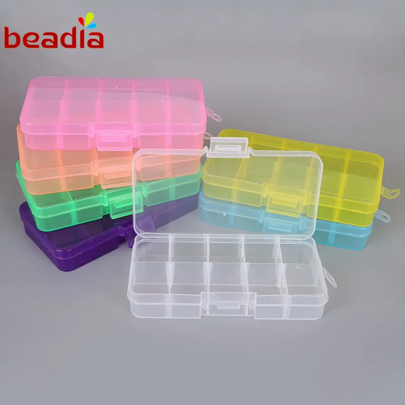 

Hot 12.8*6.5*2.2 cm Transparent Colors Box 10 Cells Adjustable 7 Colors Plastic Storage DIY Boxes Splitable For Jewelry Findings