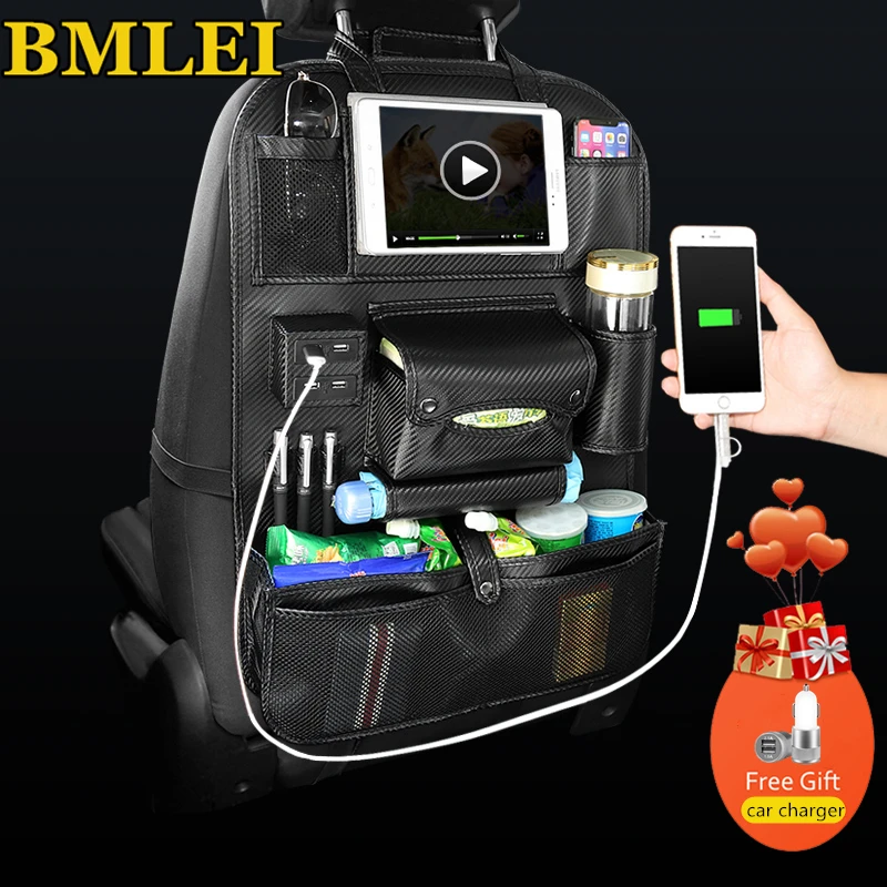 

Newest Carbon Fiber Car Seat Back Bag Organizer Storage Pu Leather Travel Multifunction Pocket Stowing Tidying Auto Accessories