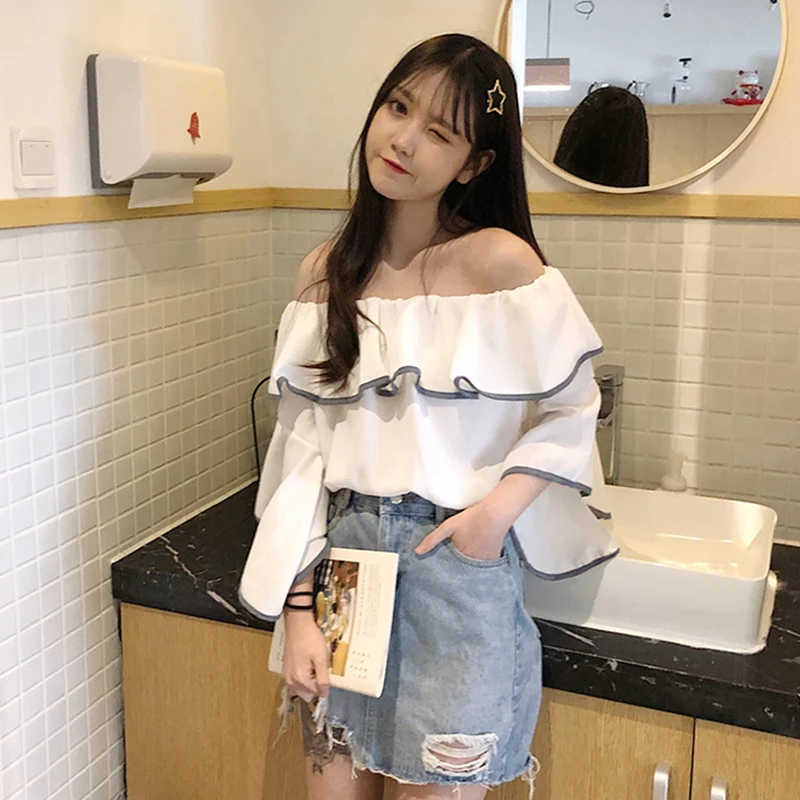 Sequel Gentage sig gavnlig Spring Korean Off Shoulder Top White Gray Women Shirts Off Shoulder Ruffle  Slash Neck Blouses Sexy Flare Sleeve Women Clothing|Blouses & Shirts| -  AliExpress