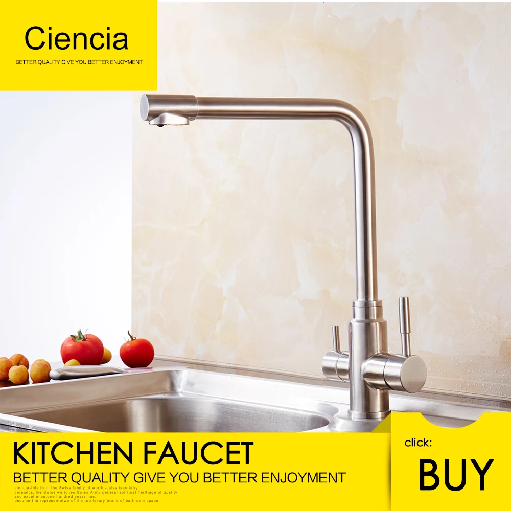 Ciencia Stainless Steel Brushed Nickel Kitchen/Drinking Water Double Handle Faucet 360 Degree Rotate Kitchen Mixer