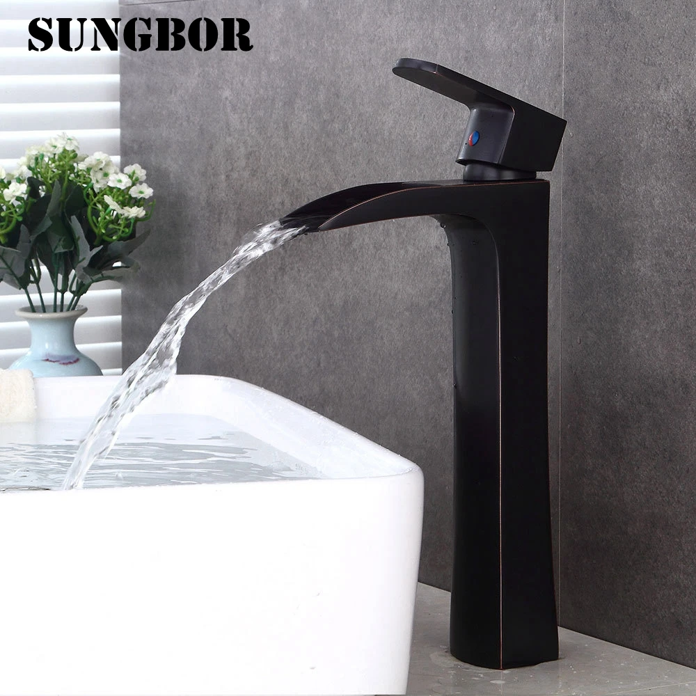 

Bathroom High Waterfall Basin Faucet Tall Stand Basin Mixer Black Oil Brushed Basin Faucet Sink Mixer Tap Bathroom Faucet 7109H