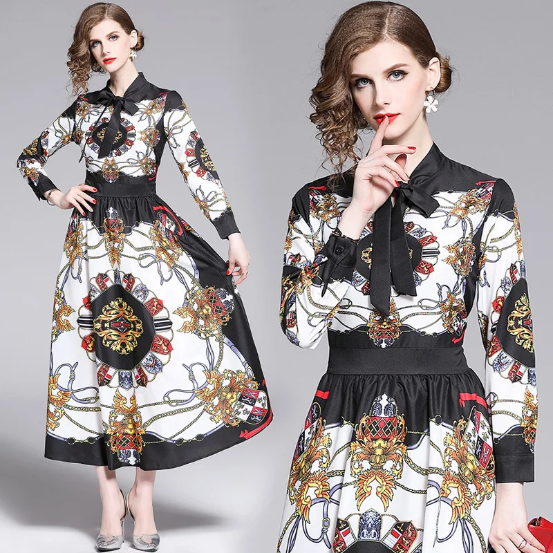 

Spring Autumn Dress Designer Runway 2019 Women Print Bow Neck Boho Retro Vintage Long Shirt Dress Maxi Robe Femme