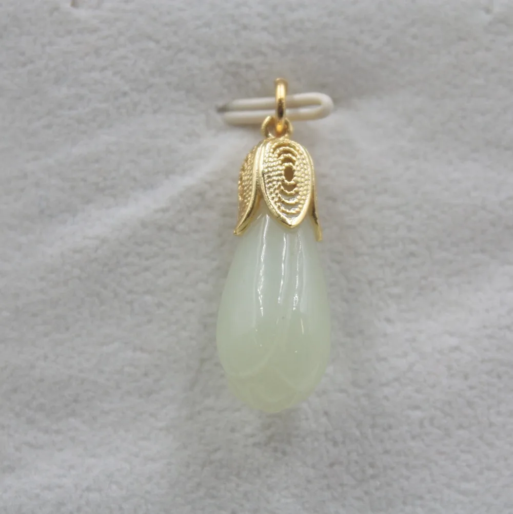 

New Fine S925 Silver& Hetian Jade Pendant Yellow Gold Lace Flower For Women Gift 30*10mm