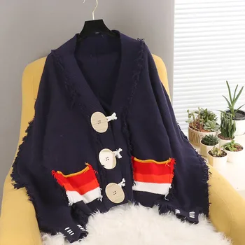 

Harajuku Women Knitted Cardigans V-Neck Sweater Coat Autumn Tassels Knit Outwear Jackets Big Round Button Oversize Holes Tops