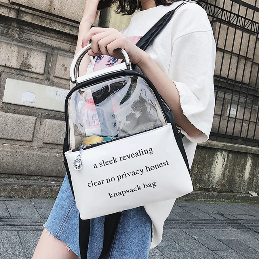 

Cute Transparent Pvc Women Backpack Clear Printing Letter Jelly Schoolbags Candy Color Backpacks Lady Backpack Student Bookbag