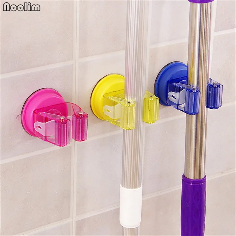 NOOLIM 3Pcs Round Traceless Sucker Hook Mop Holder Wall Mounted Kitchen