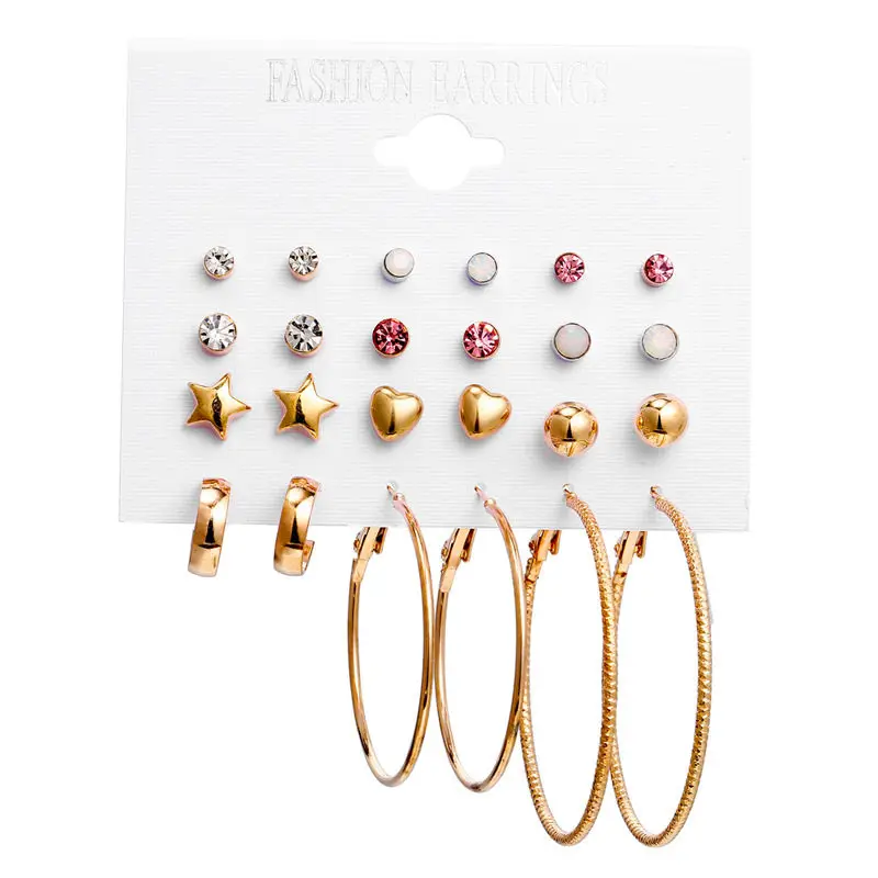 

Fashion Heart Round Crystal Geometric Gold Color Dangle Earrings Set For Women Girls Metal Earring Handmade Female Jewelry