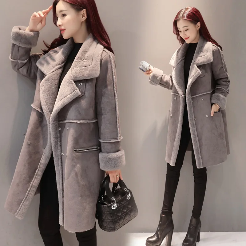 Lusumily зимнее женское Шерстяное хлопковое меховое пальто, женская куртка с отложным воротником и двумя кнопками, теплое плотное пальто, длинная верхняя одежда из овечьей шерсти