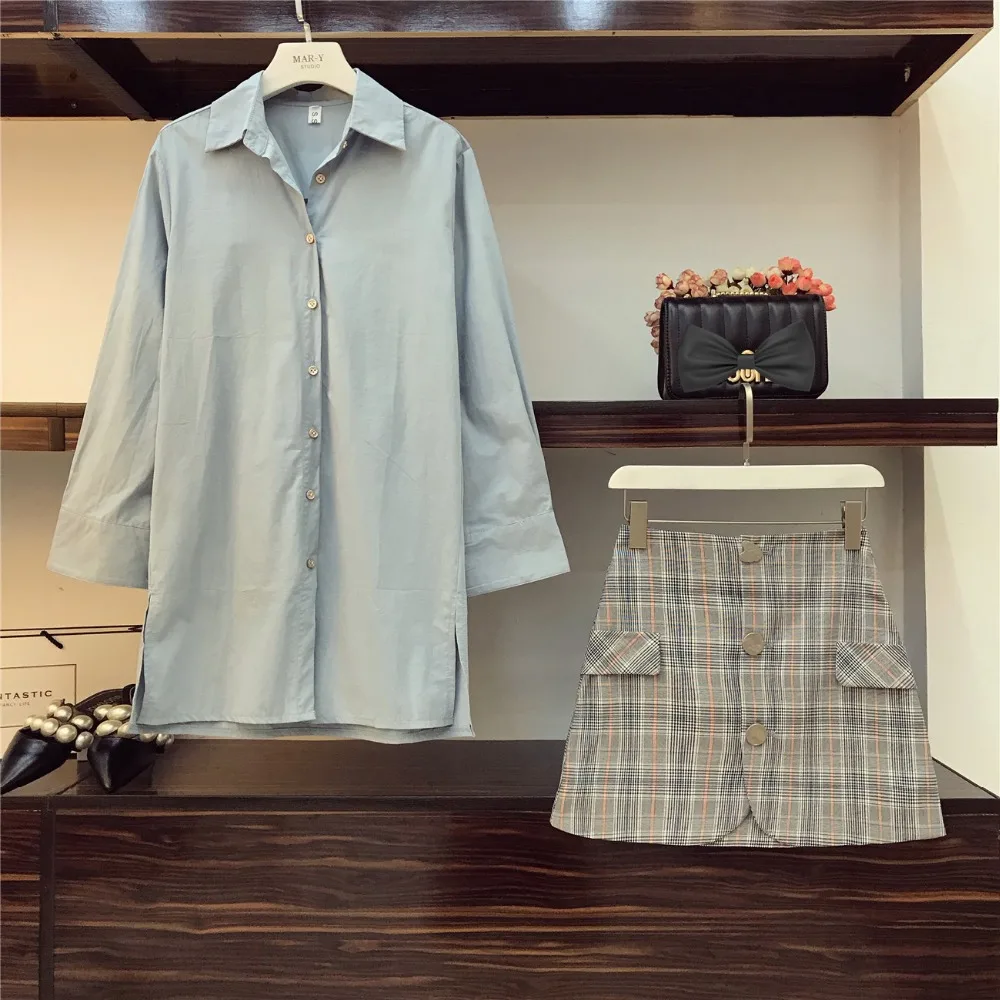 2018-New-Fall-Women-s-Lapel-Long-Sleeve-Blue-Long-Shirt-High-Waist-Package-Hip-Plaid_