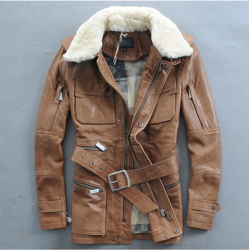 

Fashion multi-pocket lambswool turn-down collar sheep skin genuine leather jacket In the long section mans clothing slim fit