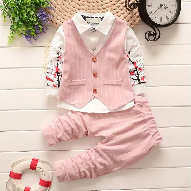 Spring Autumn New Boys Kids Clothes British Gentleman Style 3PCS Striped Vest + Printed Shirt Pants Boy Suits Formal | Детская одежда и