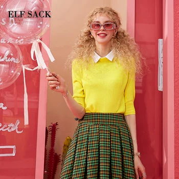 

ELF SACK Cotton Patchwork Detachable Collars Women Sweater 2019 Spring Summer Sweet Yellow Femme Sweaters Solid Basis Woman Tops