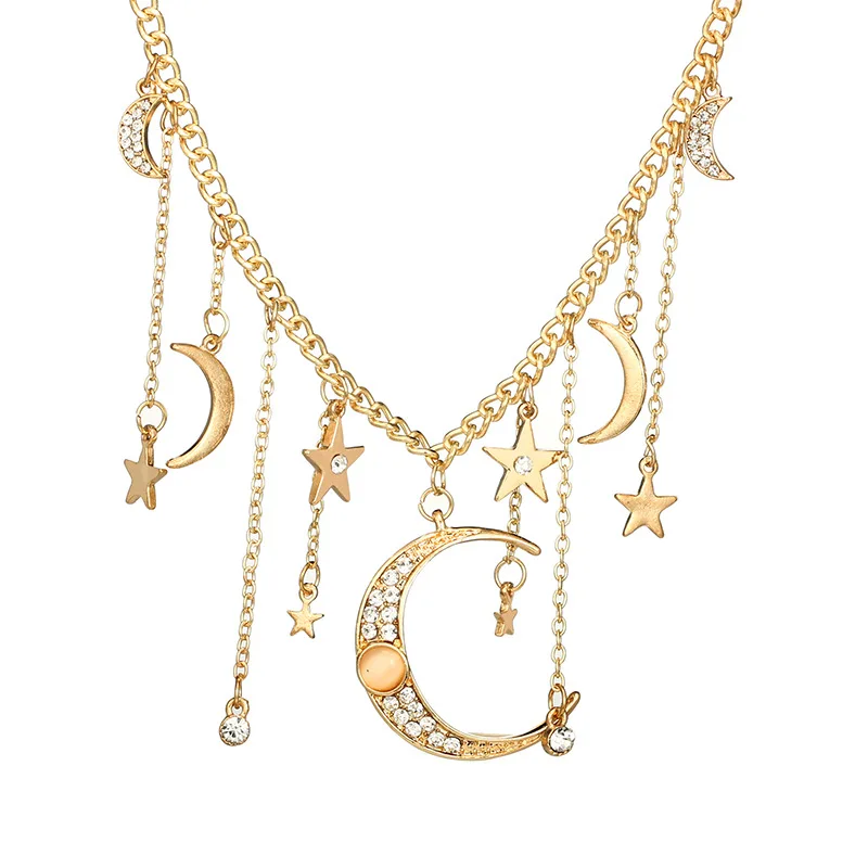 Богемные Hyperbole Золото Цвет Чокер-ожерелье из сплава горный хрусталь Звезда Луна подвеска с цепочкой свитер цепь для женщин подарок
