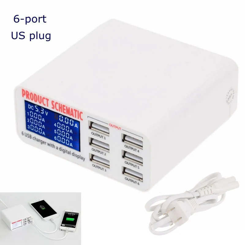 

6 Ports USB Hub Charger High Speed Fast Charger Station Adapter Charging with LCD Display US Plug EM88