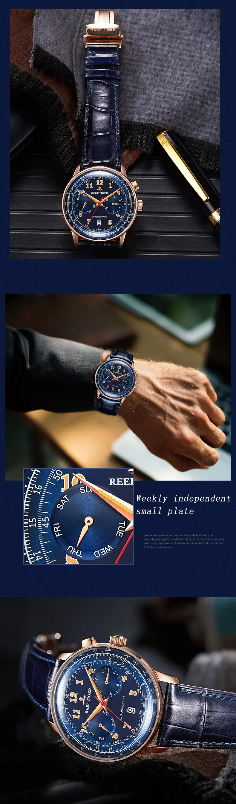 Риф Тигр/RT Лидирующий бренд синие автоматические пилотные часы мужские Функциональные Механические часы водонепроницаемые наручные часы с кожаным ремешком RGA9122