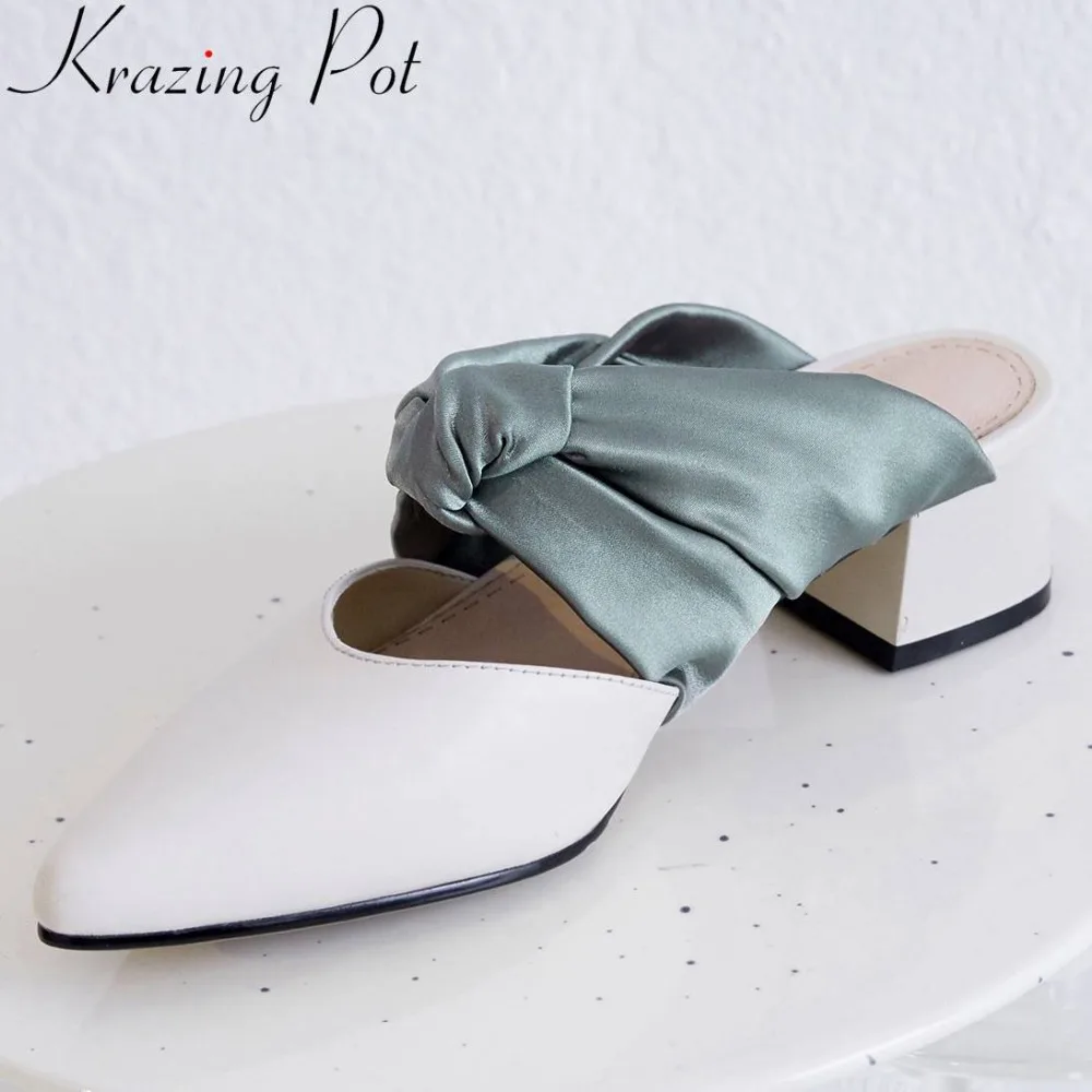 

Krazing pot European designer mixed colors genuine leather chunky heels slip on mules pointed toe pretty girls women pumps L05