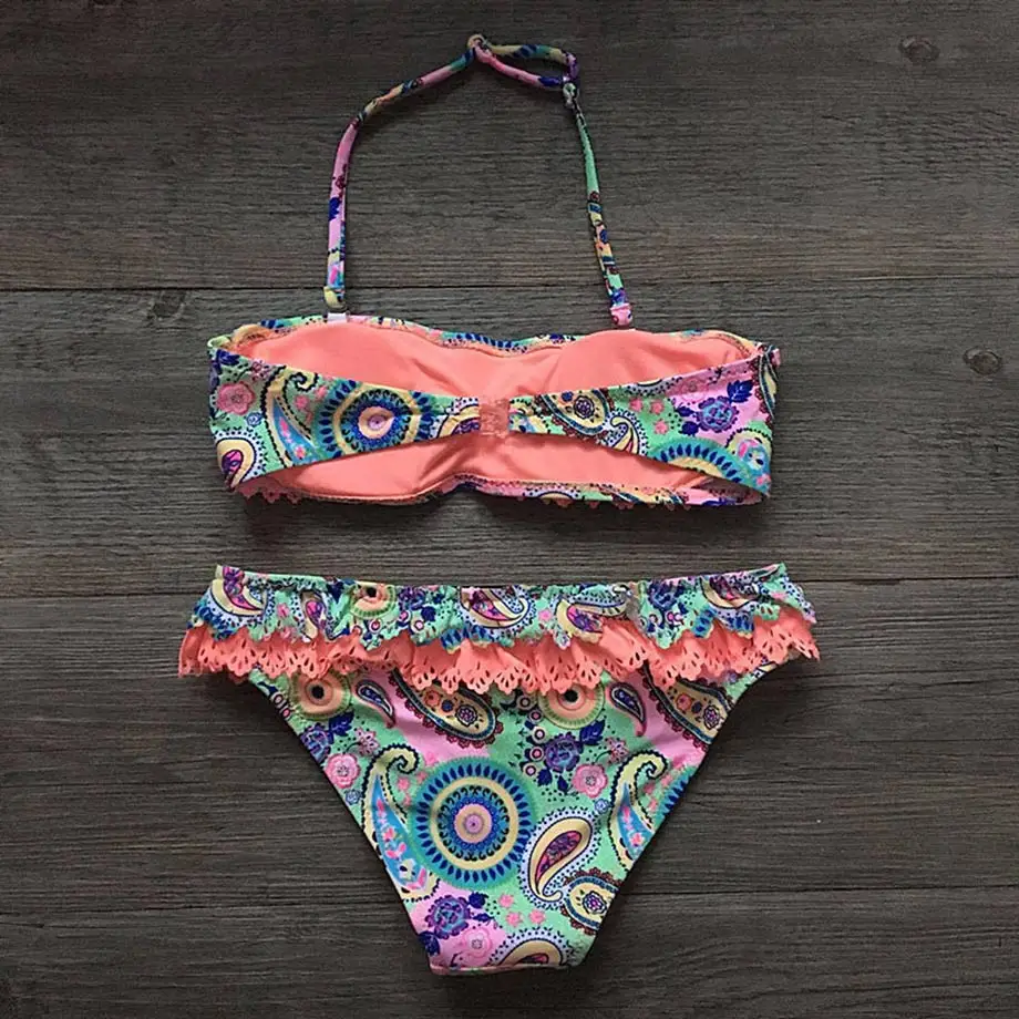 7-14 Years Print Baby Girl Bikini Children Two Piece Swimsuit Kids Infant Girl Swim Wear Hollow Out Toddler Girl Bathing Suits